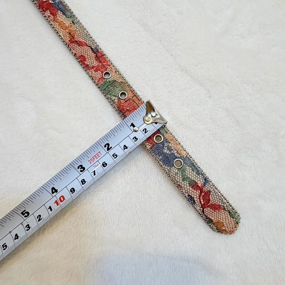 Vintage Floral / Lace Women's Belt with Beaded Trim & Silver Buckle - Multicolor